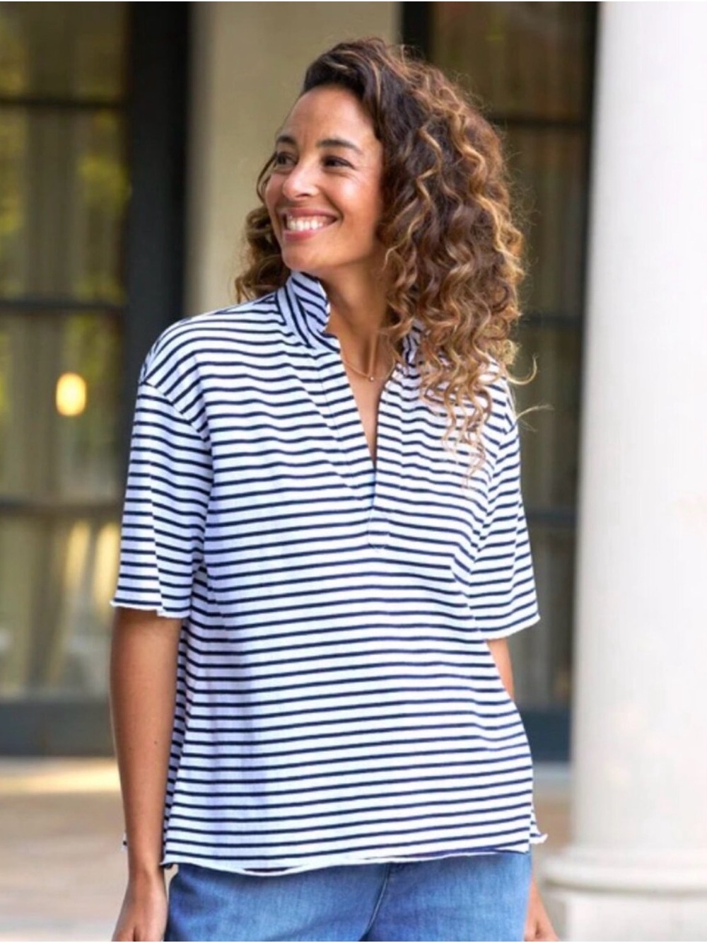 Frank & Eileen Patty Popover Henley L Navy French Stripe Made USA